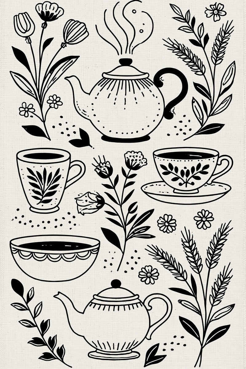 Teapots Coffee Cups Domestic Icons from Kitchen Towels & Aprons Embroidery Book 1, a digital embroidery design reference for machine embroidery designs, embroidery patterns and linen and home textile projects.