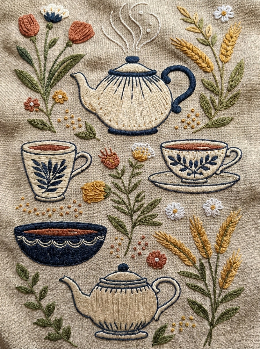 Teapots Coffee Cups Domestic Icons from Kitchen Towels & Aprons Embroidery Book 1, a digital embroidery design reference for machine embroidery designs, embroidery patterns and linen and home textile projects.