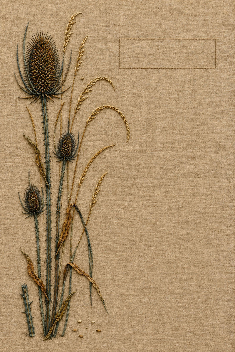 Illustrative embroidery design: Teasel heads rise beside arching dry grasses and a clear upper rectangle.