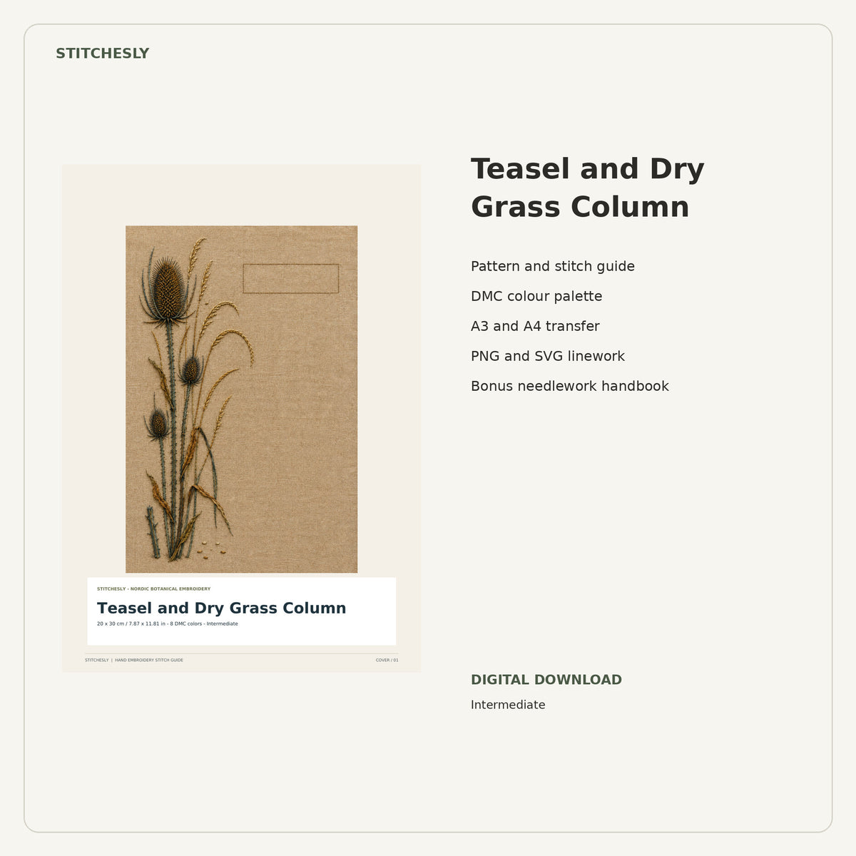 Teasel and Dry Grass Column PDF stitch guide cover, pattern files and bonus needlework handbook.
