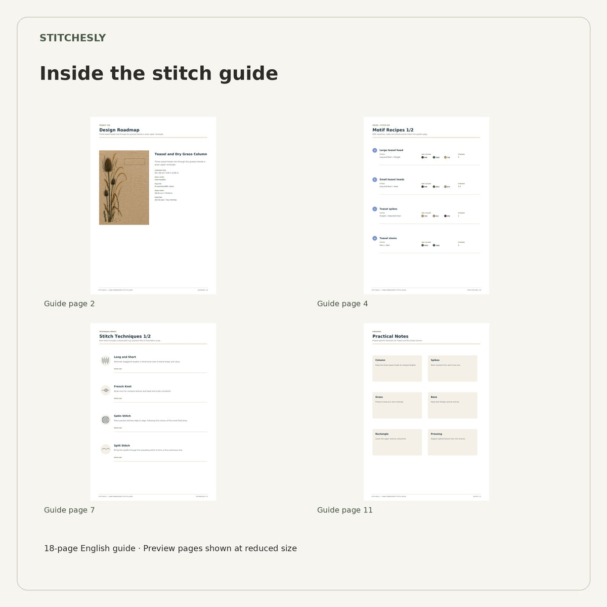 Four reduced-size preview pages from the 18-page Teasel and Dry Grass Column stitch guide.