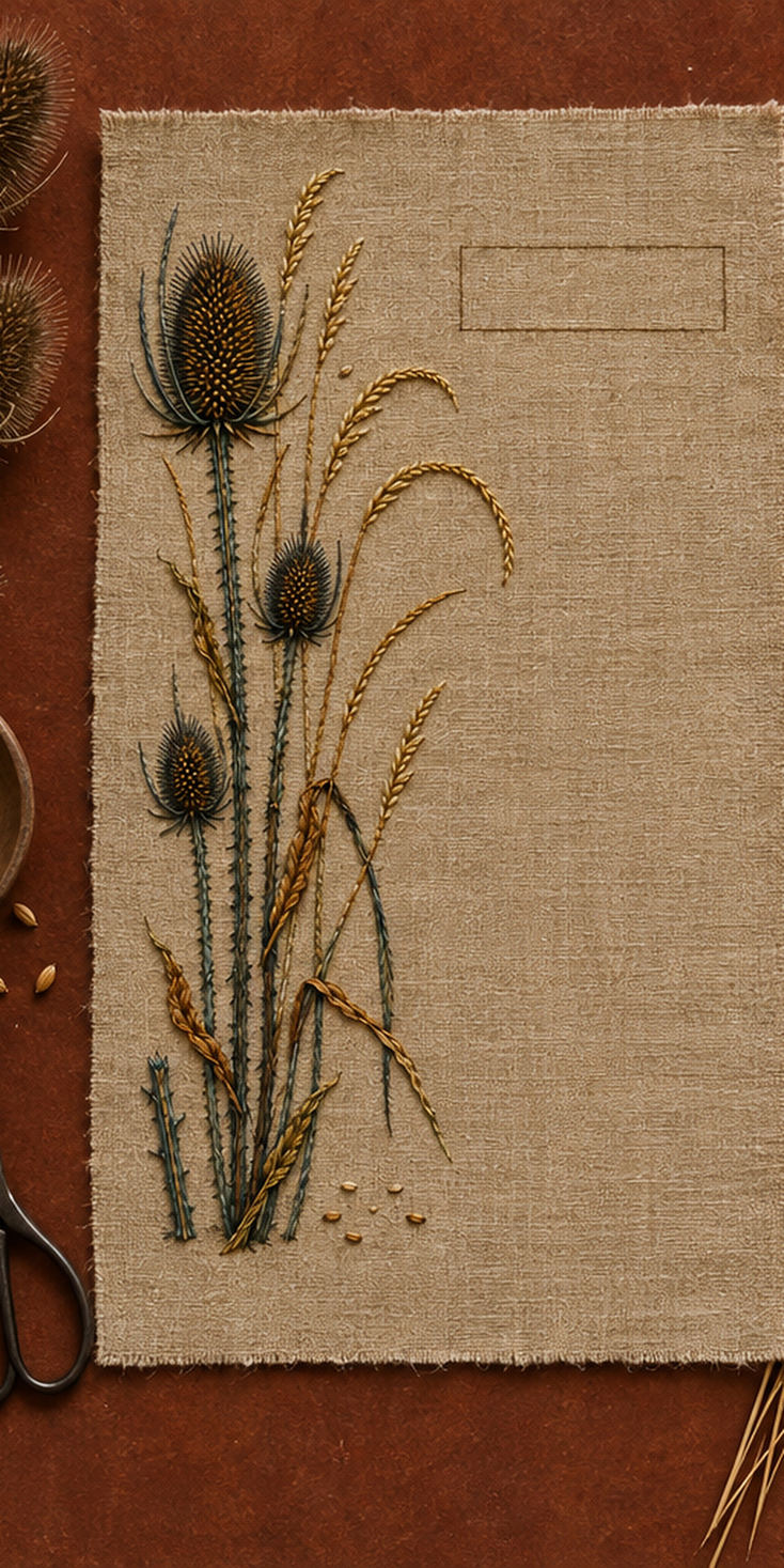 Botanical textile flat lay mockup featuring the Teasel and Dry Grass Column hand embroidery design. Teasel heads rise beside arching dry grasses and a clear upper rectangle.