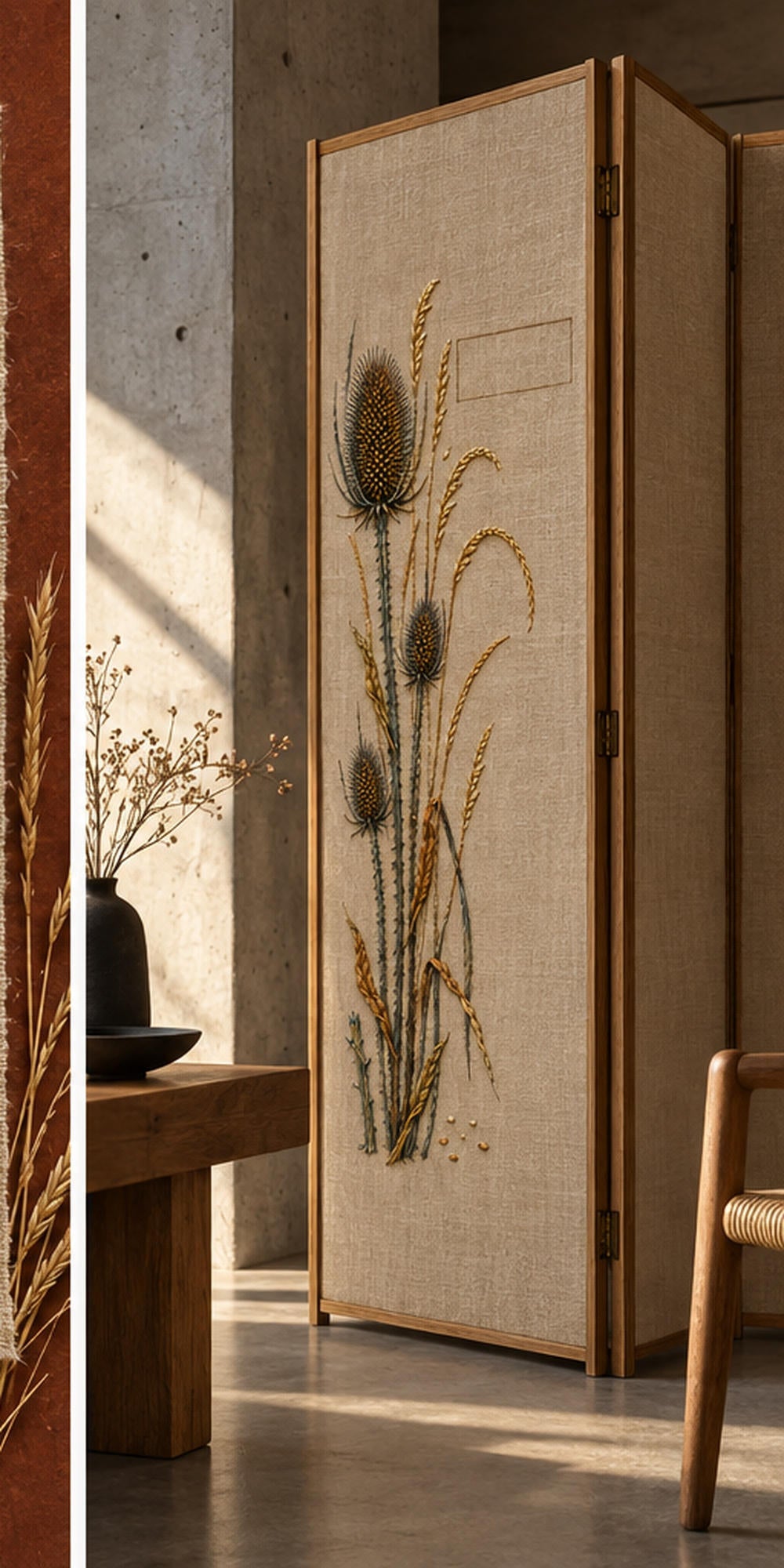 Framed linen panel mockup featuring the Teasel and Dry Grass Column hand embroidery design. Teasel heads rise beside arching dry grasses and a clear upper rectangle.