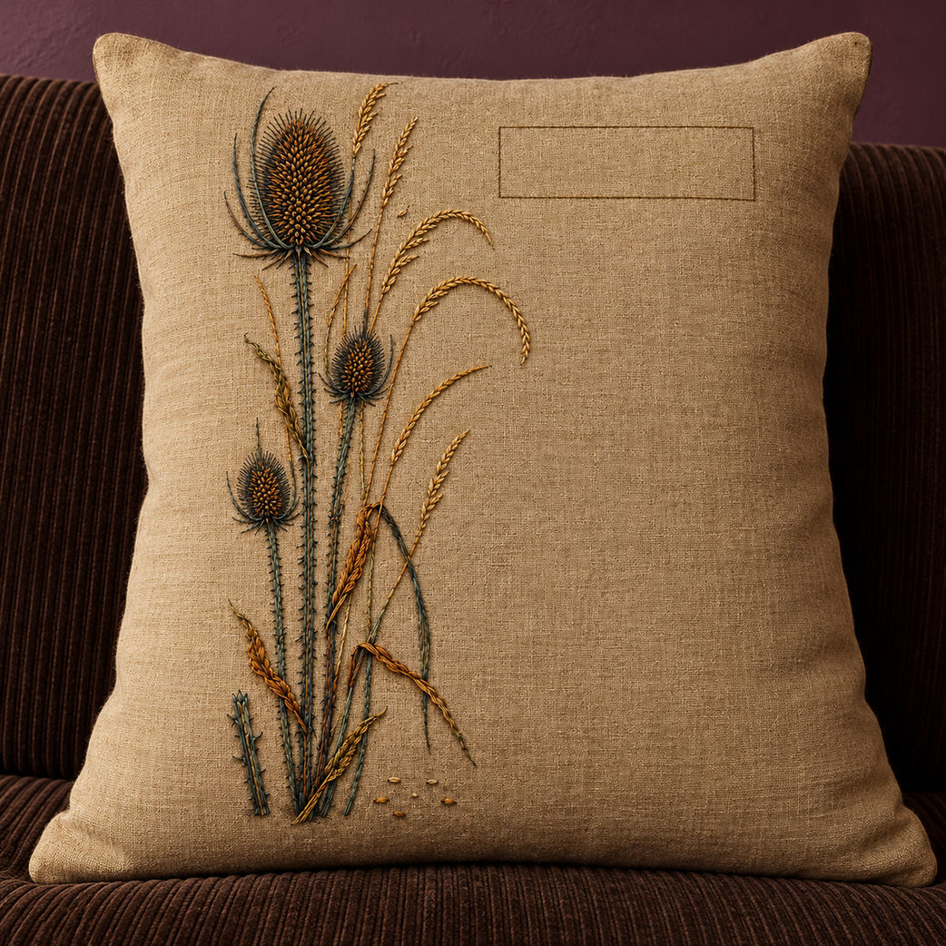 Linen cushion mockup featuring the Teasel and Dry Grass Column hand embroidery design. Teasel heads rise beside arching dry grasses and a clear upper rectangle.