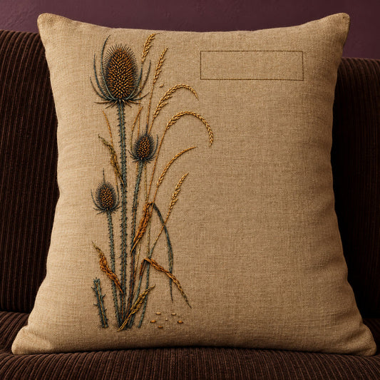 Linen cushion mockup featuring the Teasel and Dry Grass Column hand embroidery design. Teasel heads rise beside arching dry grasses and a clear upper rectangle.