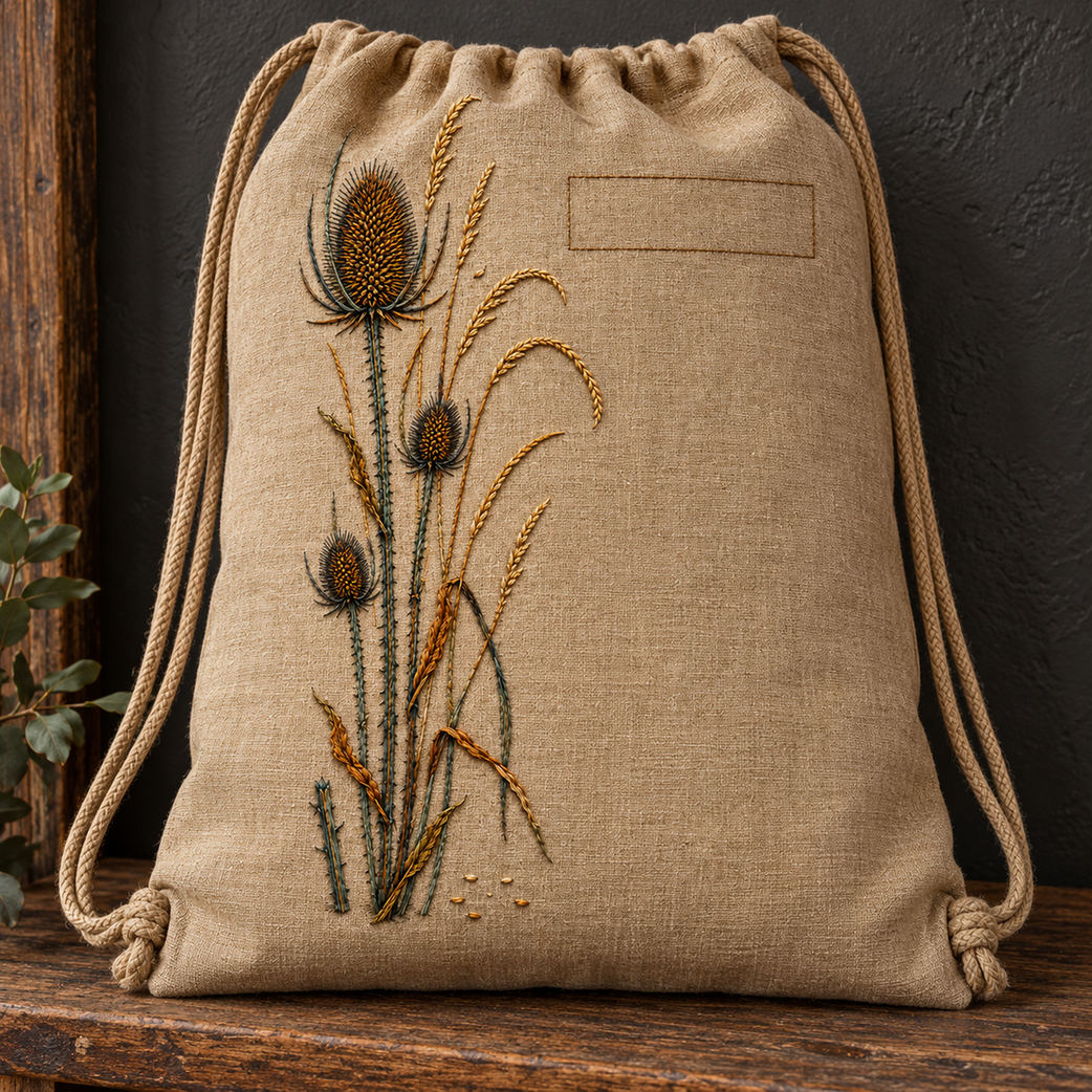 Linen drawstring bag mockup featuring the Teasel and Dry Grass Column hand embroidery design. Teasel heads rise beside arching dry grasses and a clear upper rectangle.