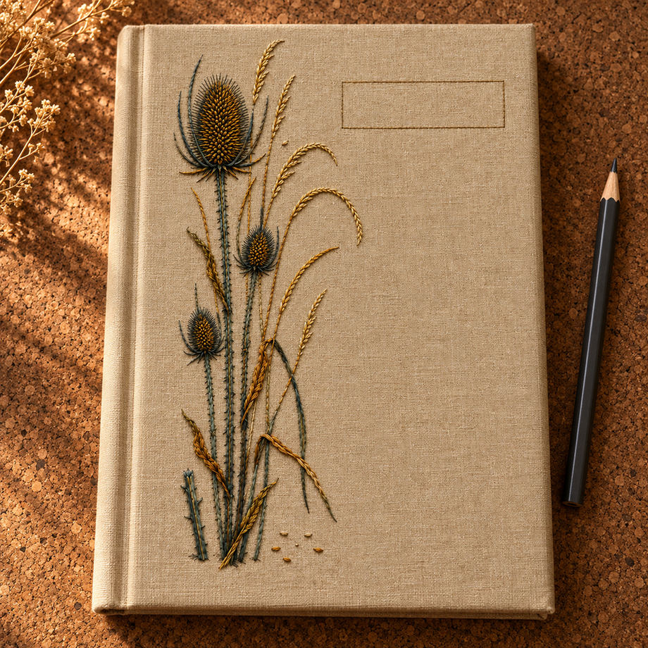 Linen notebook cover mockup featuring the Teasel and Dry Grass Column hand embroidery design. Teasel heads rise beside arching dry grasses and a clear upper rectangle.