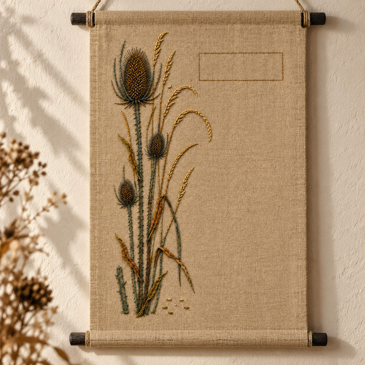 Framed botanical textile mockup featuring the Teasel and Dry Grass Column hand embroidery design. Teasel heads rise beside arching dry grasses and a clear upper rectangle.