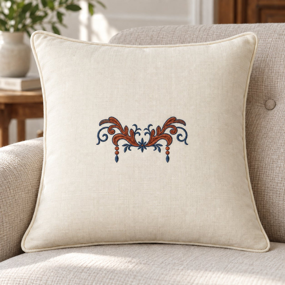 Warm ivory cushion with a small centered acanthus swag in terracotta and midnight blue, including two stitched drops.