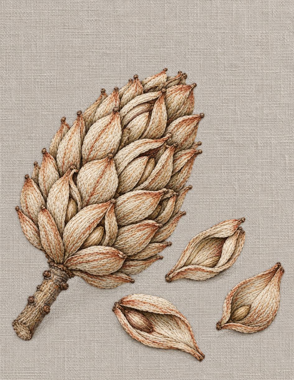 The Linen Herbarium Study 01: Magnolia Seed Cone with Three Detached Scales, embroidered textile interpretation from Volume I.