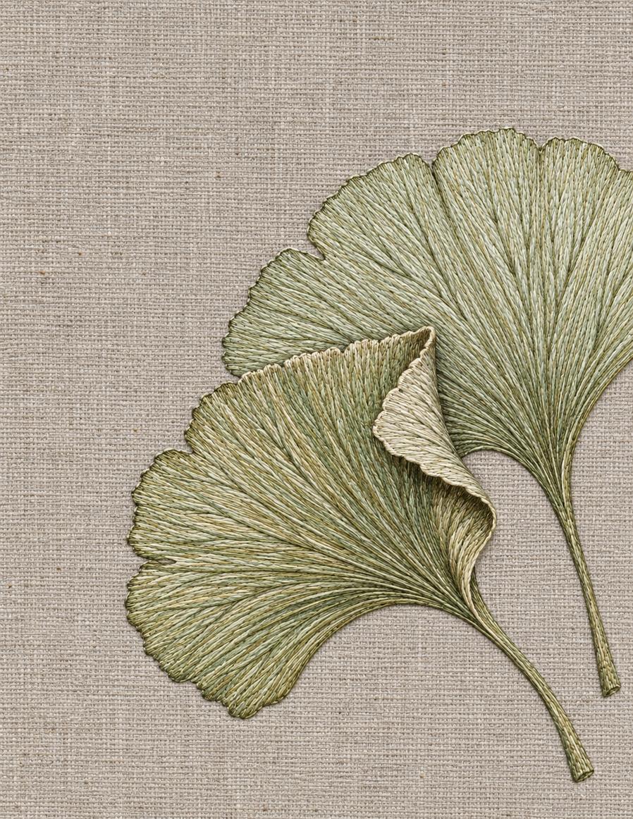 The Linen Herbarium Study 05: Ginkgo Leaf Pair with One Folded Edge, embroidered textile interpretation from Volume I.