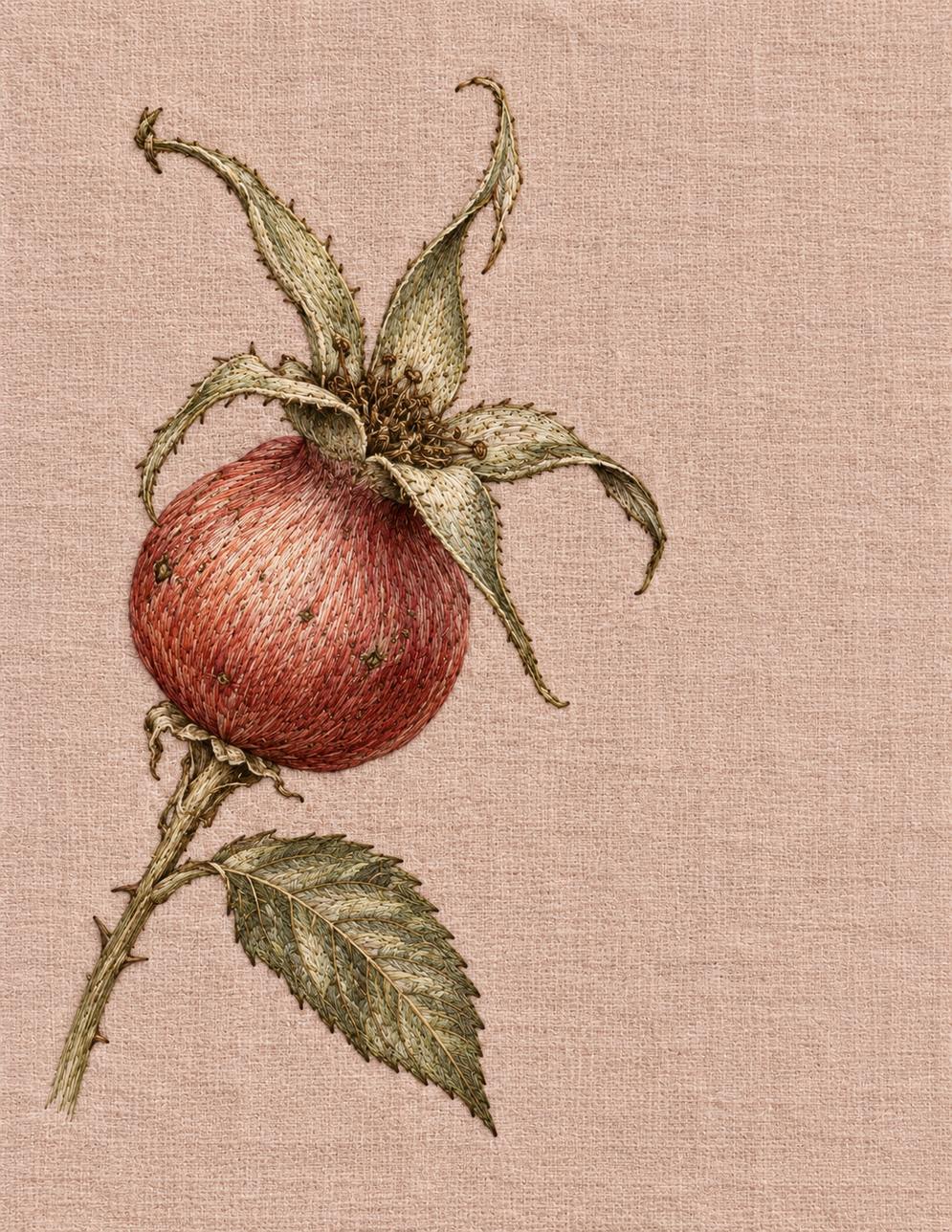 The Linen Herbarium Study 08: Rose Hip with Persistent Sepal Star, embroidered textile interpretation from Volume I.