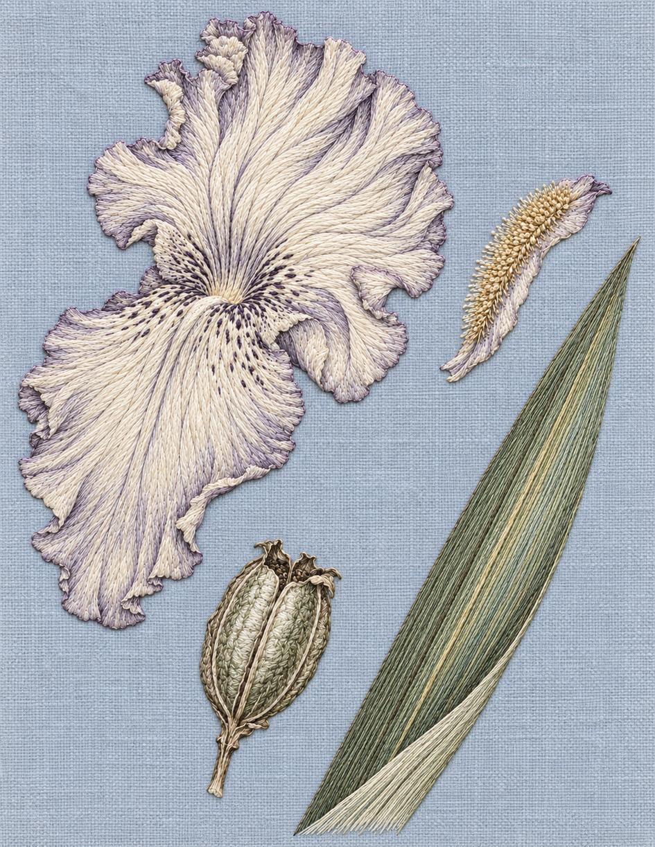 The Linen Herbarium Study 12: Iris Parts — Petal, Beard, Capsule, Blade, embroidered textile interpretation from Volume I.