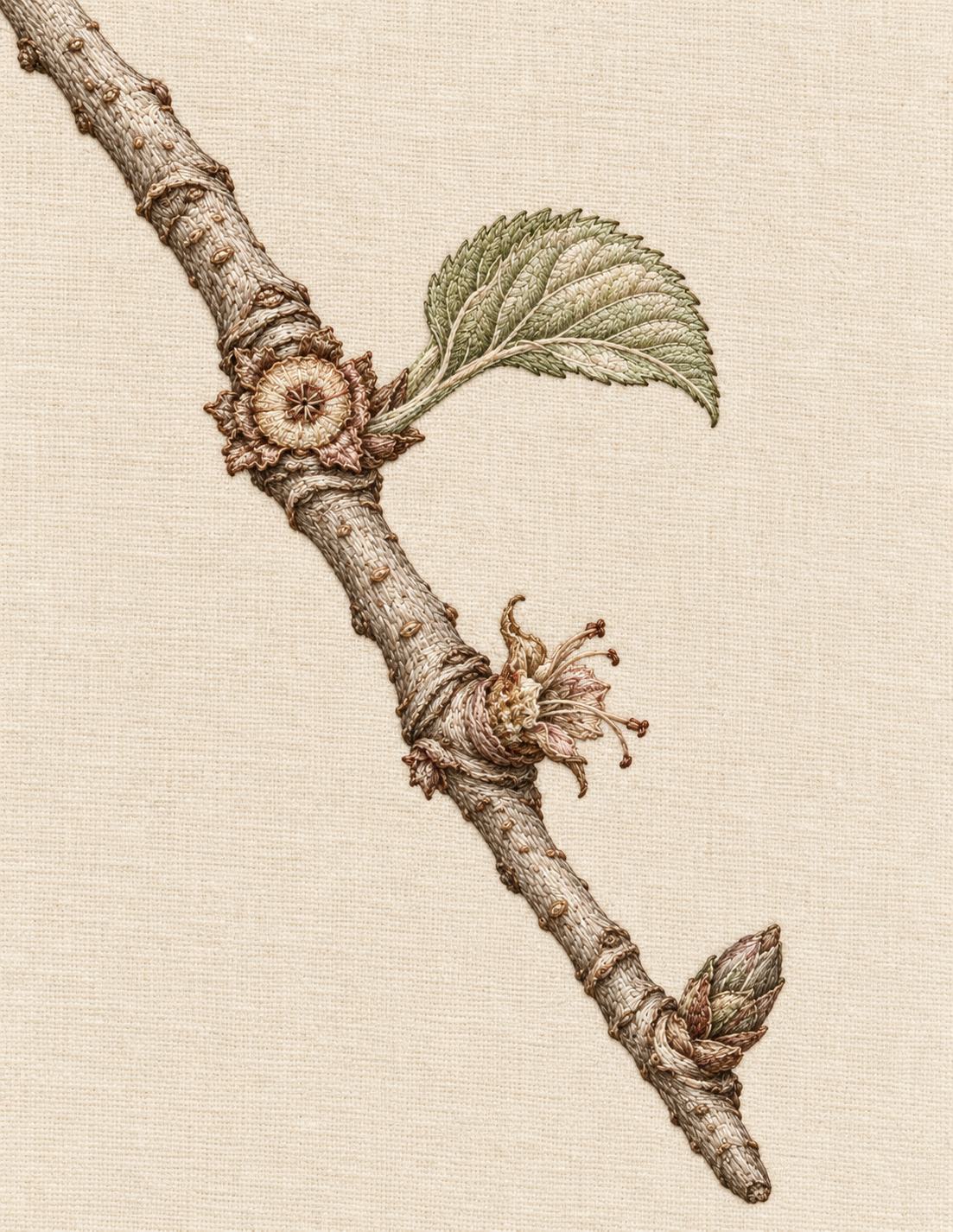 The Linen Herbarium Study 17: Apple Spur Timeline on One Continuous Twig, embroidered textile interpretation from Volume I.