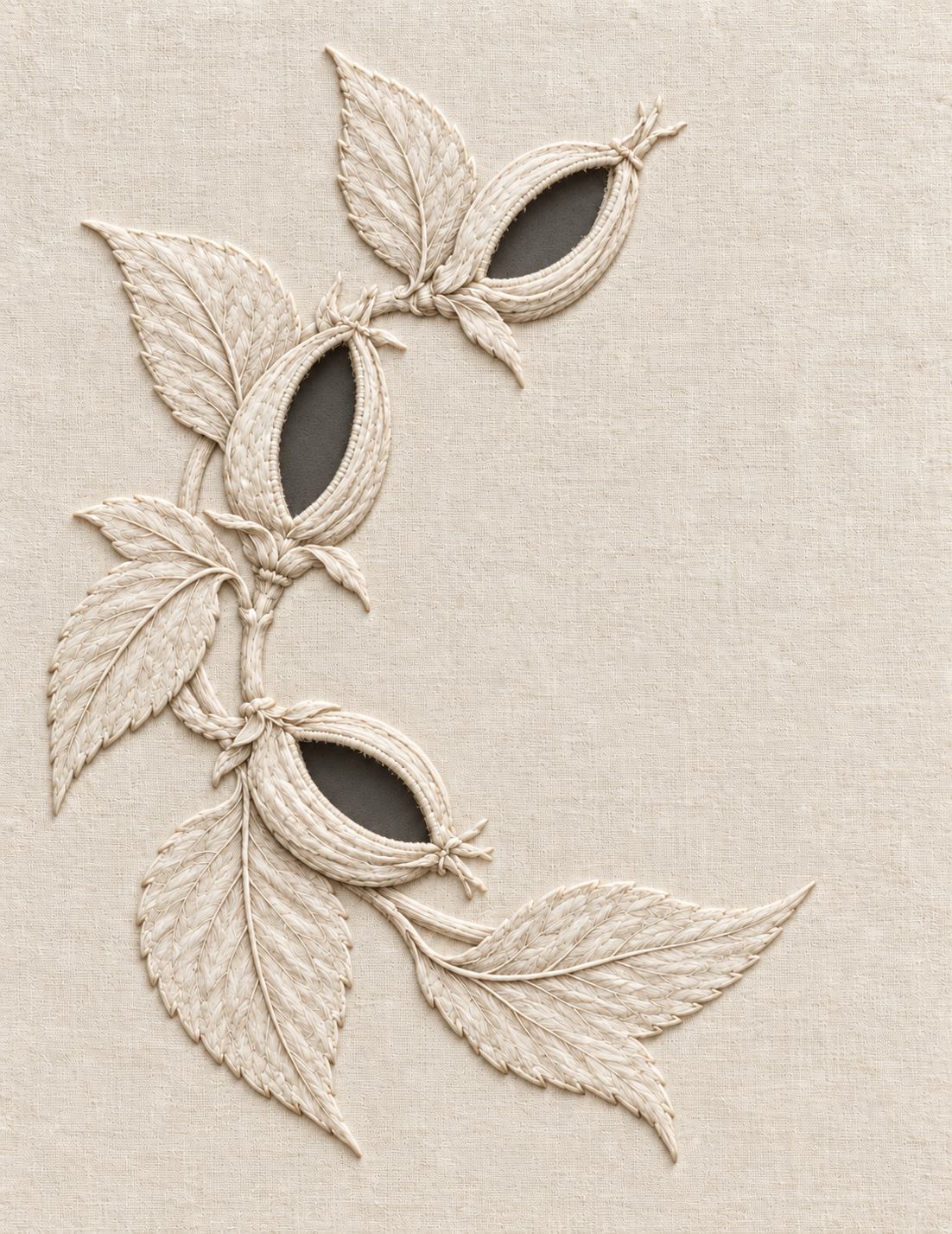 The Linen Herbarium Study 21: Whitework Hellebore Ring with Three Open Seed Chambers, embroidered textile interpretation from Volume I.