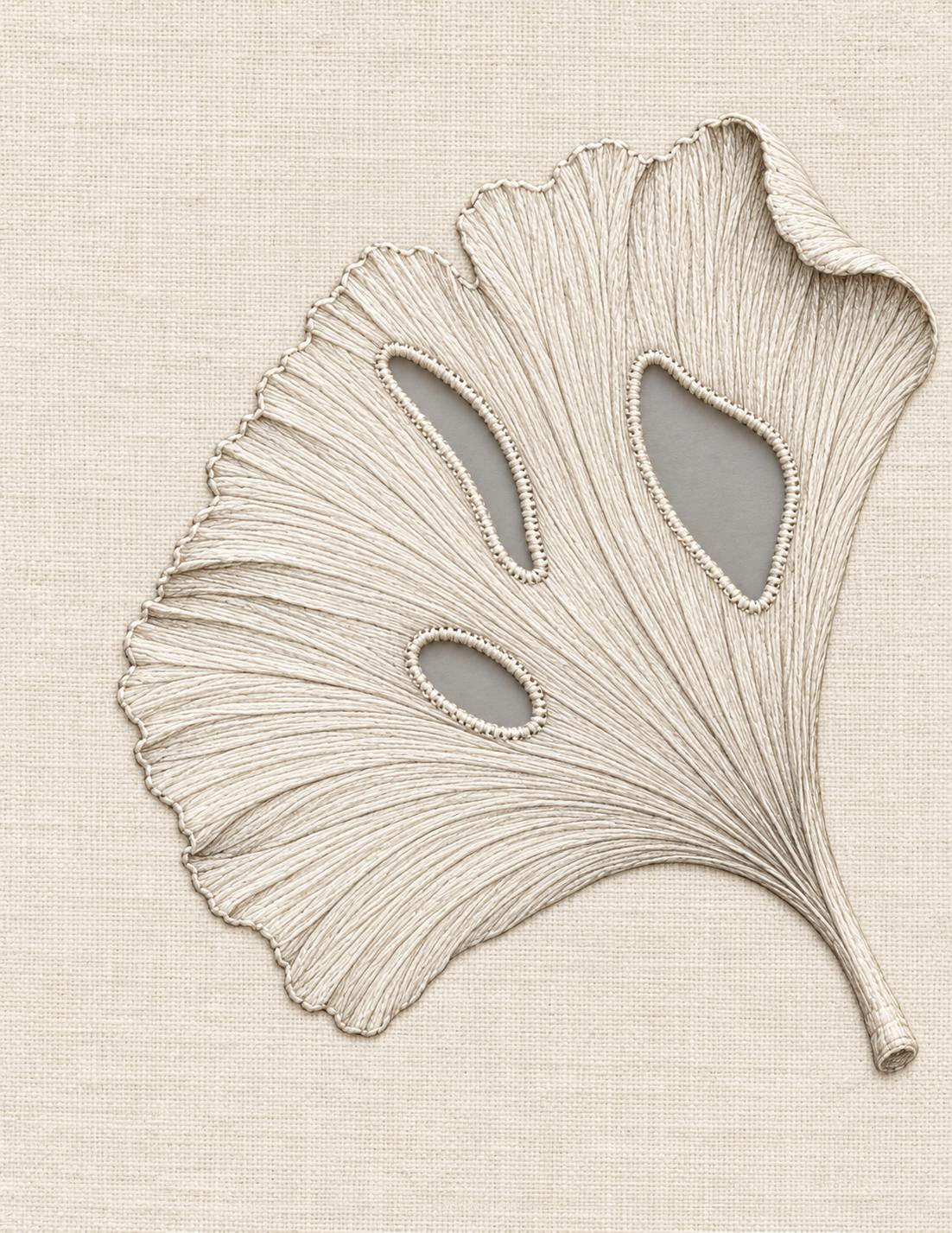 The Linen Herbarium Study 24: Openwork Ginkgo Fan with Three Hollow Windows, embroidered textile interpretation from Volume I.