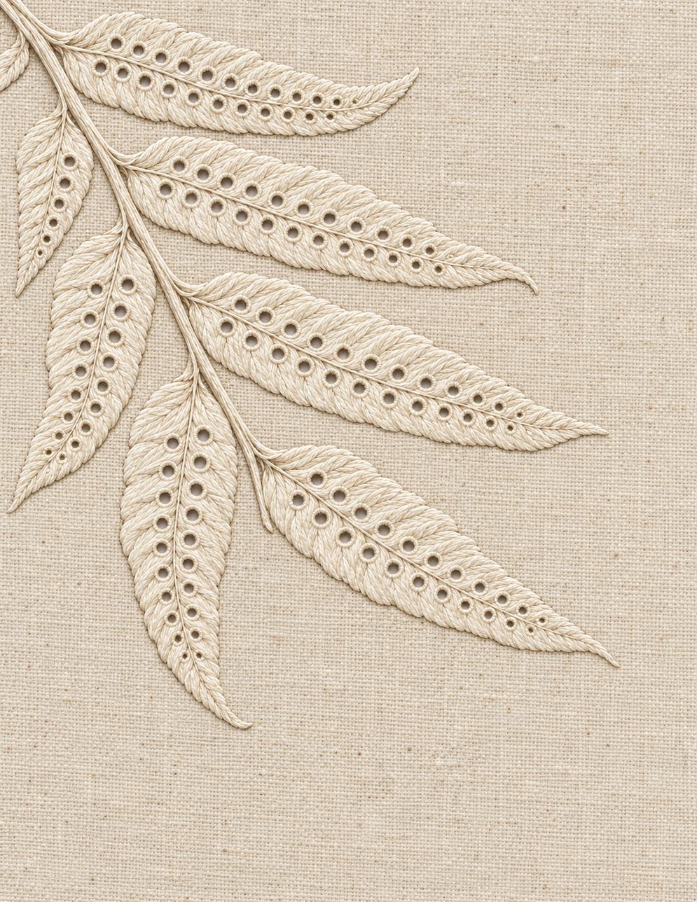 The Linen Herbarium Study 25: Whitework Fern Fragment with Sori as Tiny Eyelets, embroidered textile interpretation from Volume I.