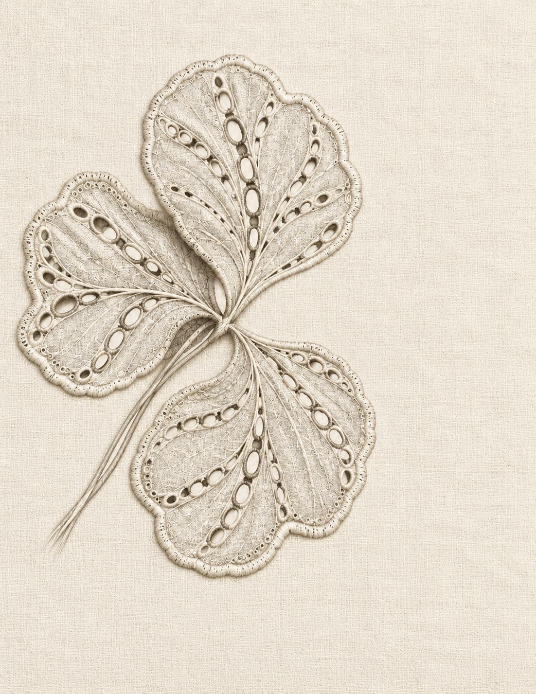 The Linen Herbarium Study 27: Broderie Anglaise Clover Medallion Broken at One Leaf, embroidered textile interpretation from Volume I.