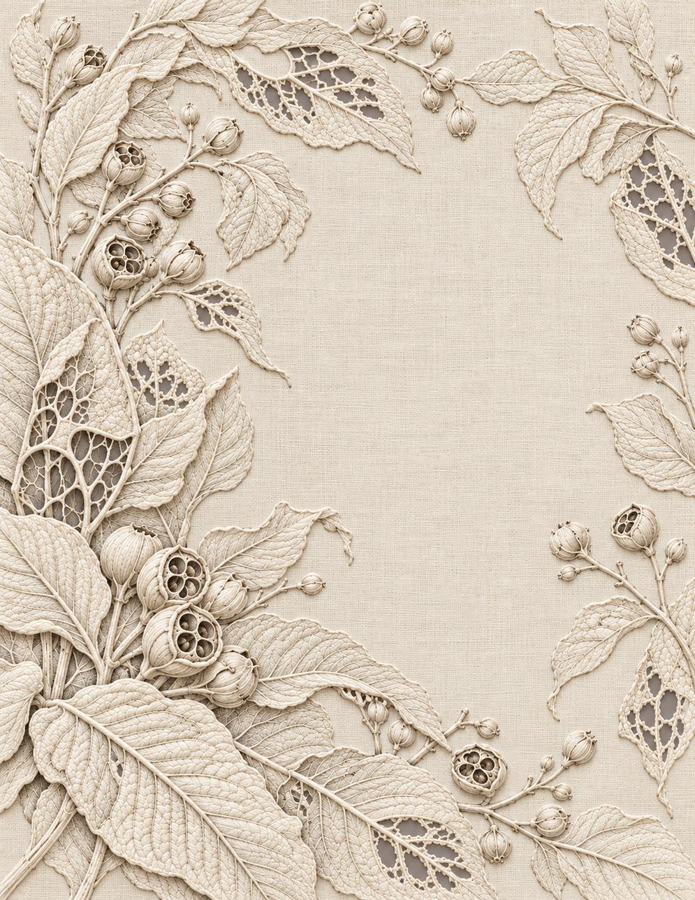 The Linen Herbarium Study 30: Grand Whitework Botanical Field with an Untouched Central Linen Island, embroidered textile interpretation from Volume I.