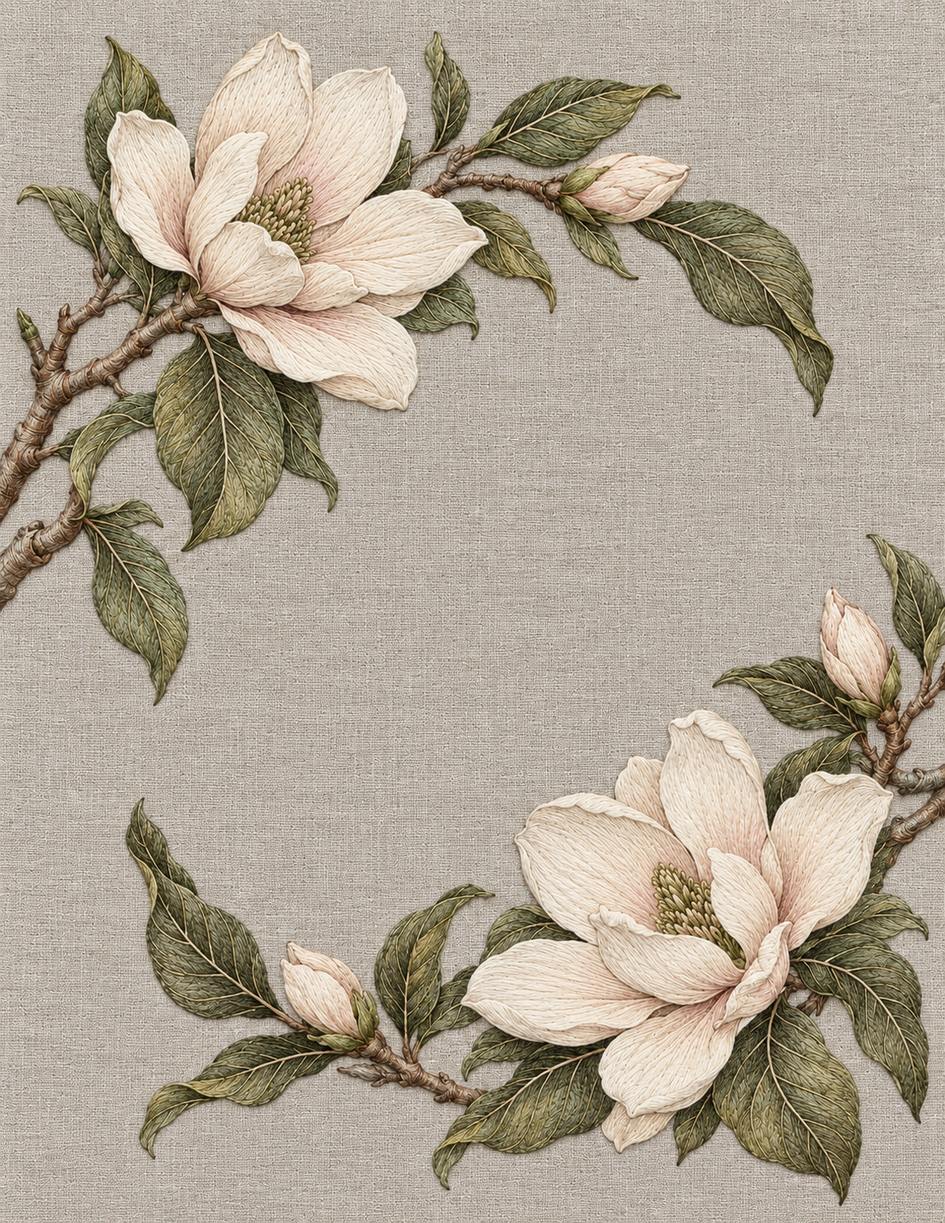 The Linen Herbarium Study 31: Oval Reserve Held by Two Non-Touching Magnolia Branches, embroidered textile interpretation from Volume I.