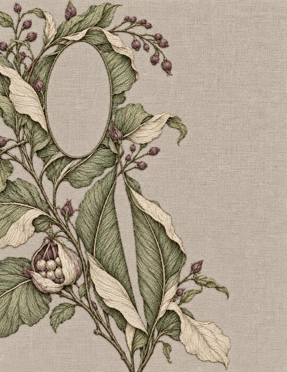 The Linen Herbarium Study 40: Grand Reserve Plate — Oval, Slit, and Untouched Linen Field, embroidered textile interpretation from Volume I.