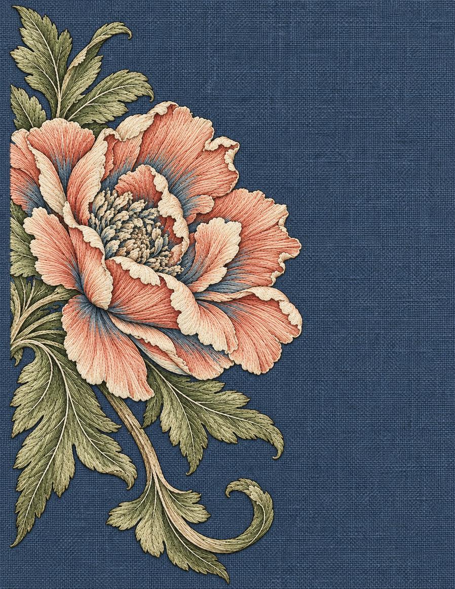 The Linen Herbarium Study 41: Jacobean Peony Recut as an Asymmetric Half-Medallion, embroidered textile interpretation from Volume II.