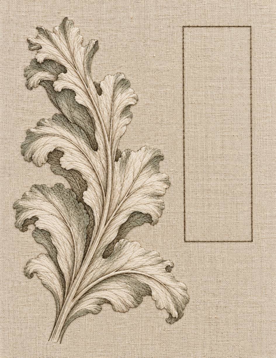 The Linen Herbarium Study 47: Acanthus Leaf beside a Modern Empty Rectangle, embroidered textile interpretation from Volume II.
