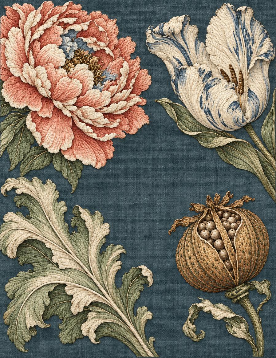 The Linen Herbarium Study 50: Grand Recut Garden — Peony, Tulip, Acanthus, Seed Pod, embroidered textile interpretation from Volume II.