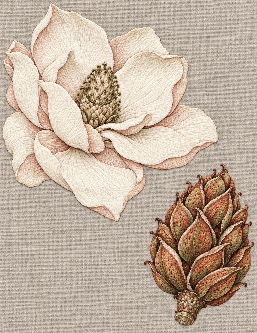 The Linen Herbarium Study 51: Grand Magnolia Bloom with Seed Cone Counterweight, embroidered textile interpretation from Volume II.