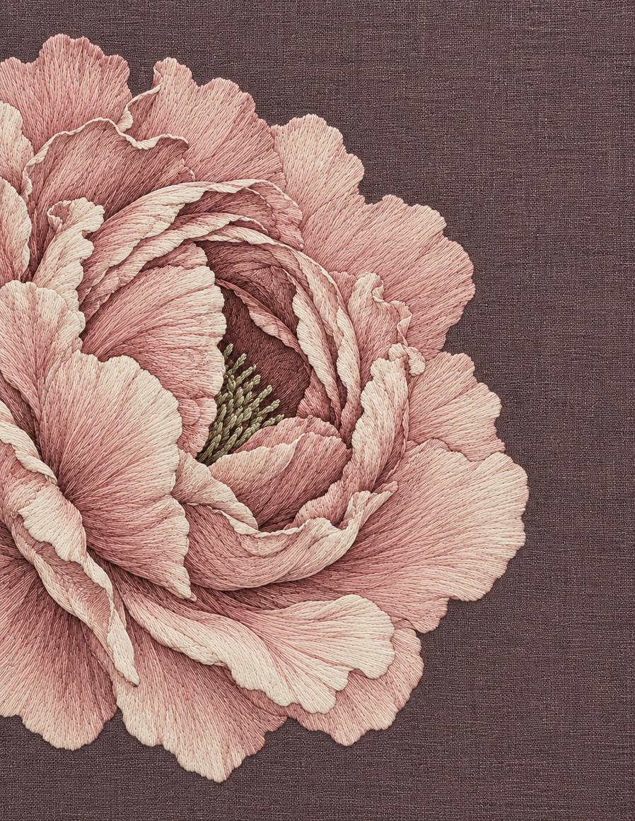 The Linen Herbarium Study 52: Peony Face with One Deep Folded Petal Chamber, embroidered textile interpretation from Volume II.