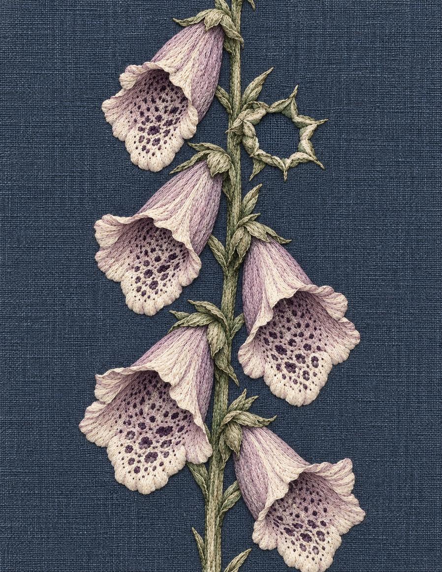 The Linen Herbarium Study 55: Foxglove Bell Tower with One Empty Cup, embroidered textile interpretation from Volume II.