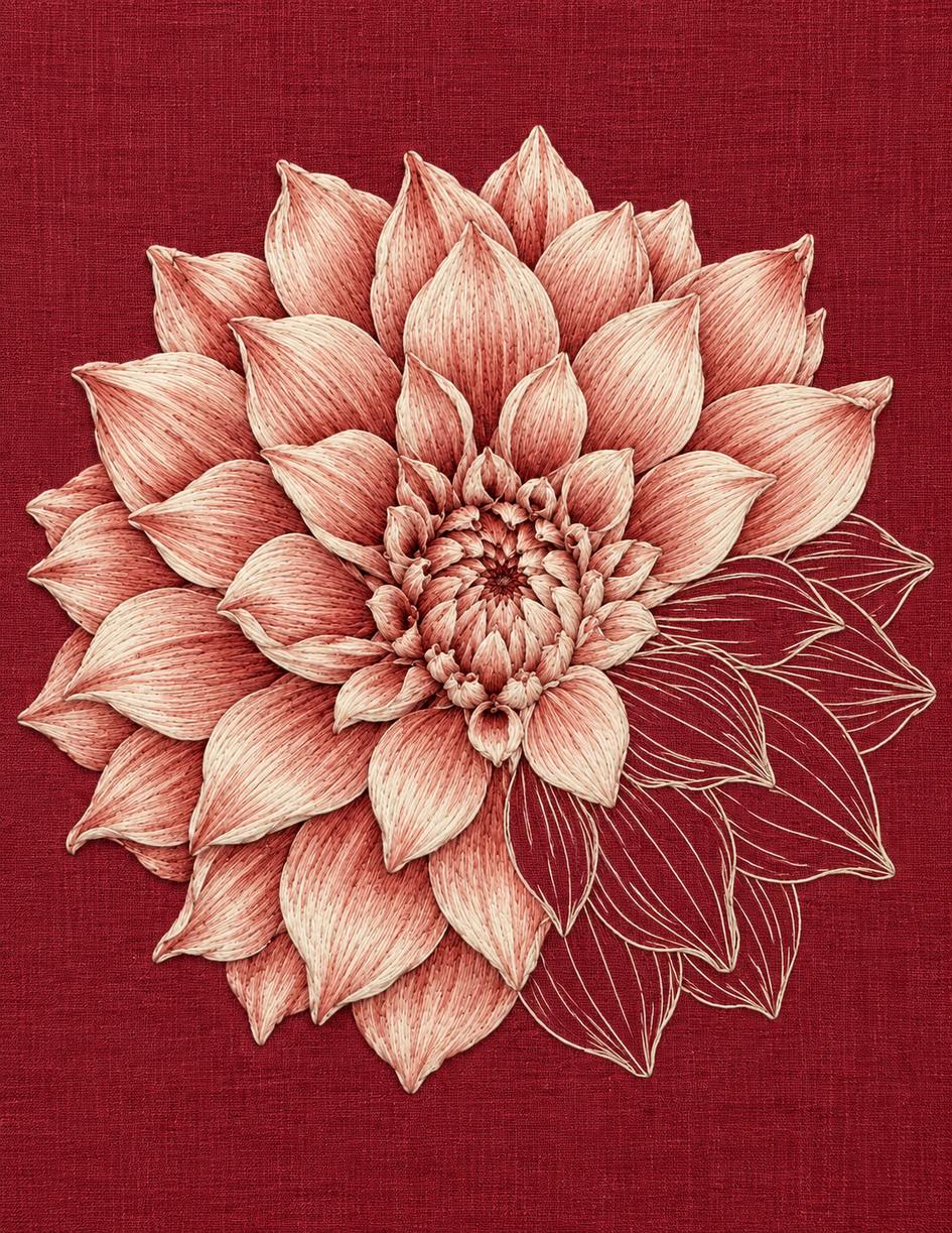 The Linen Herbarium Study 57: Dahlia with One Sector of Petals Unfilled, embroidered textile interpretation from Volume II.