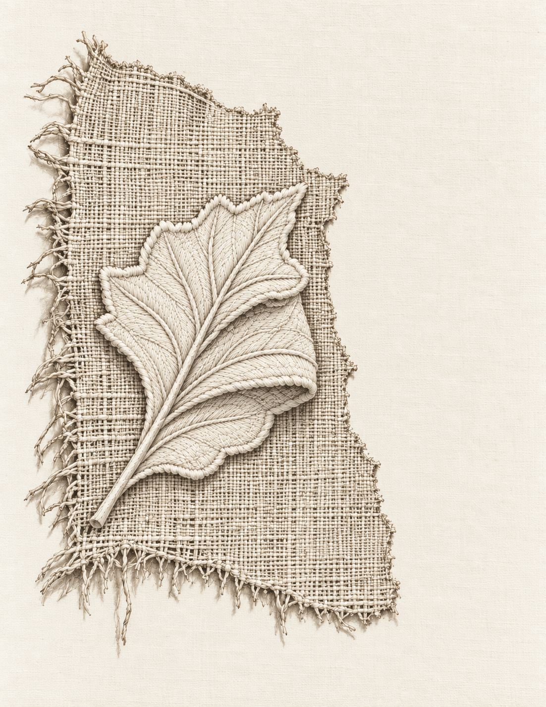 The Linen Herbarium Study 61: Antique Linen Fragment with One Surviving Whitework Leaf, embroidered textile interpretation from Volume II.