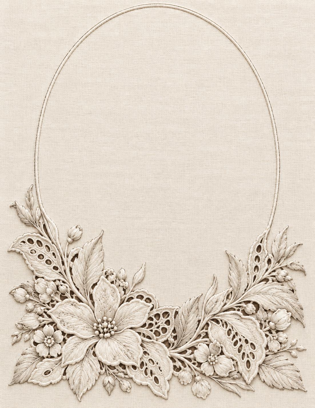 The Linen Herbarium Study 71: Grand Heirloom Oval with Whitework Botanicals Breaking the Lower Edge, embroidered textile interpretation from Volume II.