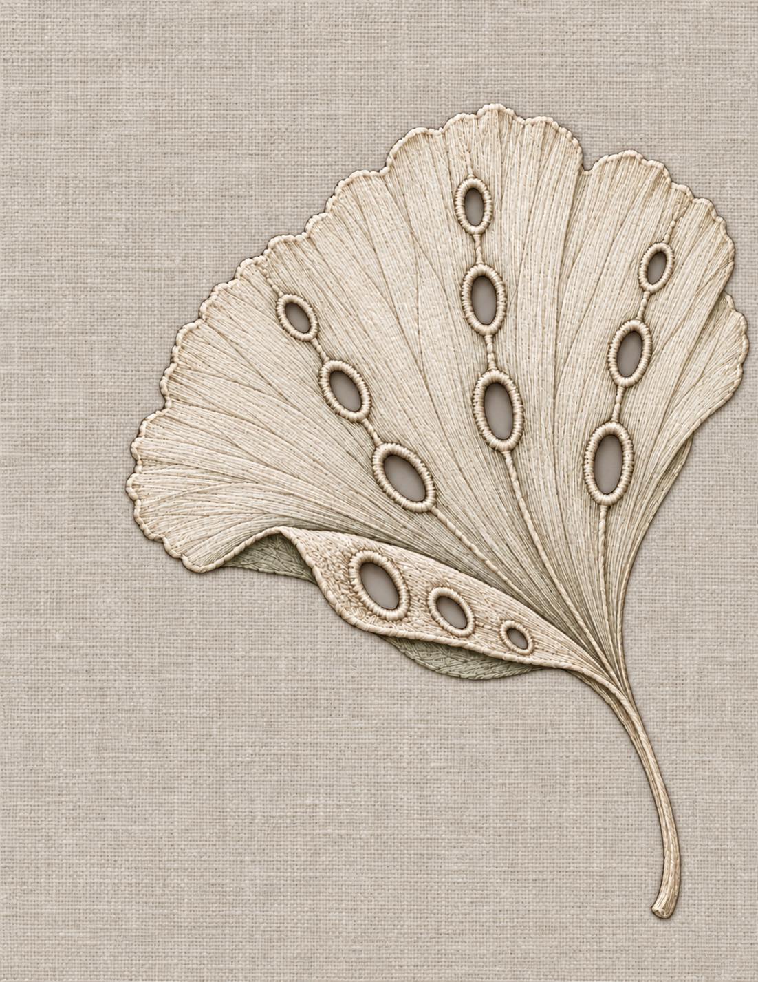 The Linen Herbarium Study 79: Ginkgo Fan with Twelve Radial Eyelets and a Folded Hem, embroidered textile interpretation from Volume II.