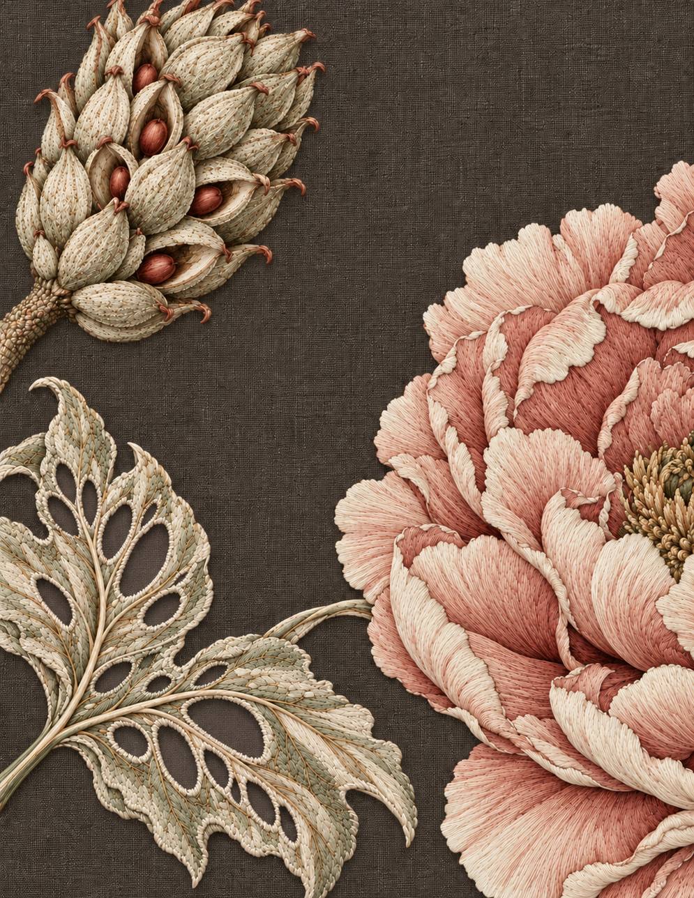 The Linen Herbarium Study 80: Complete Heirloom Botanical Architecture — Object, Void, Openwork, Grand Bloom, embroidered textile interpretation from Volume II.