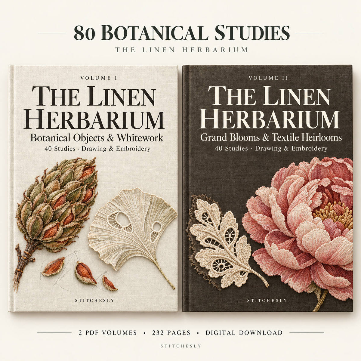 The Linen Herbarium Volume I and Volume II covers shown large, with 80 botanical studies, 232 PDF pages and digital download details.