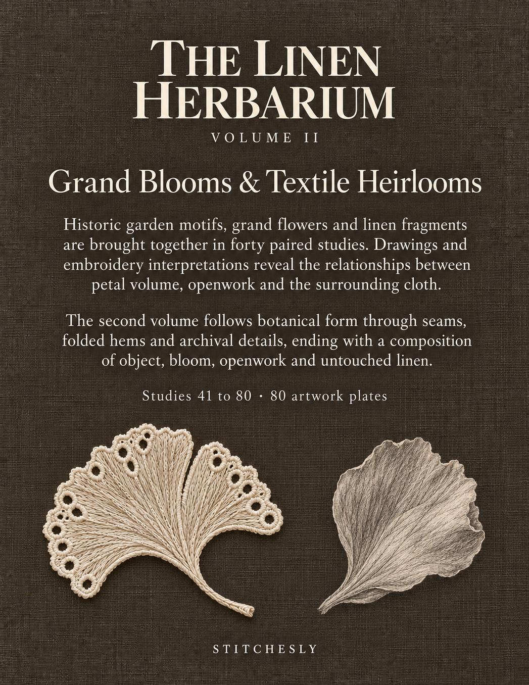 The Linen Herbarium Volume II Back Cover, Grand Blooms and Textile Heirlooms.