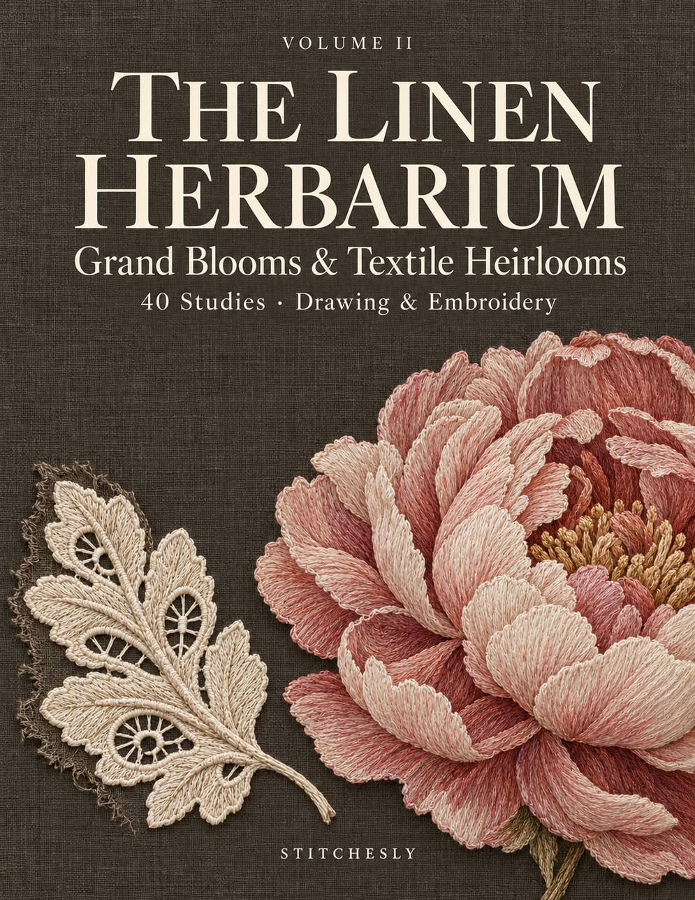 The Linen Herbarium Volume II Front Cover, Grand Blooms and Textile Heirlooms.