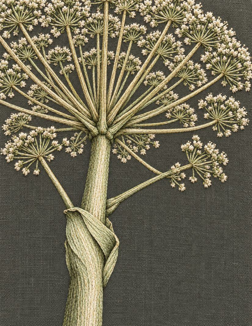 Angelica from Below, Study 14: botanical textile interpretation showing surface direction and open space in The Meadow in Thread.