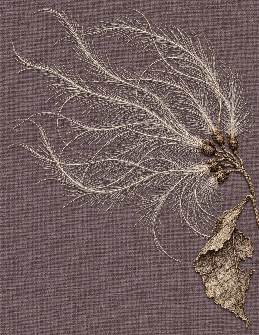 Clematis Seed Veil, Study 23: botanical textile interpretation showing surface direction and open space in The Meadow in Thread.