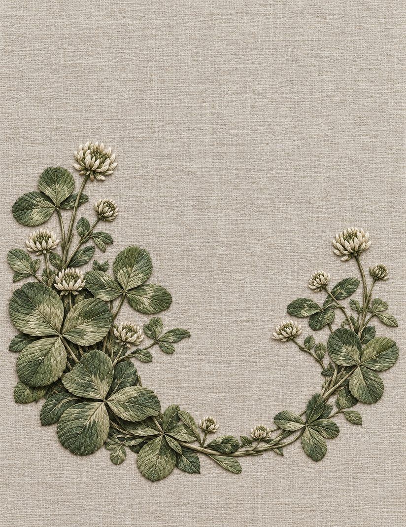 Clover around an Oval Reserve, Study 54: botanical textile interpretation showing surface direction and open space in The Meadow in Thread.
