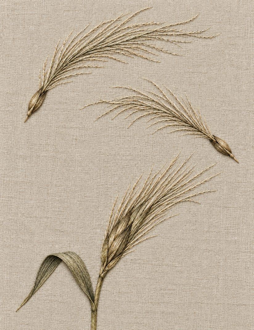Feathergrass in Opposing Directions, Study 29: botanical textile interpretation showing surface direction and open space in The Meadow in Thread.