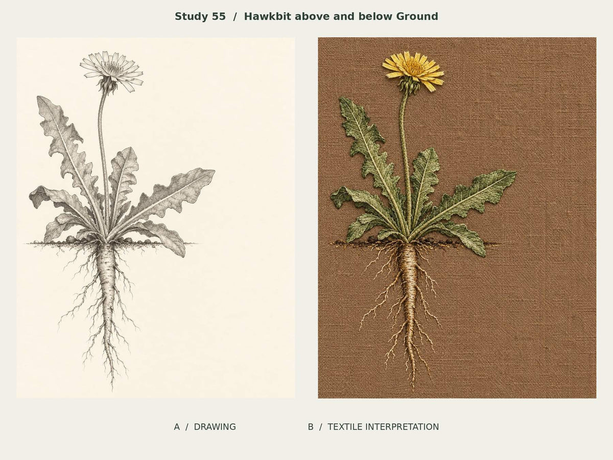 Hawkbit above and below Ground, Study 55: graphite-and-ink drawing beside the corresponding textile interpretation from The Meadow in Thread.