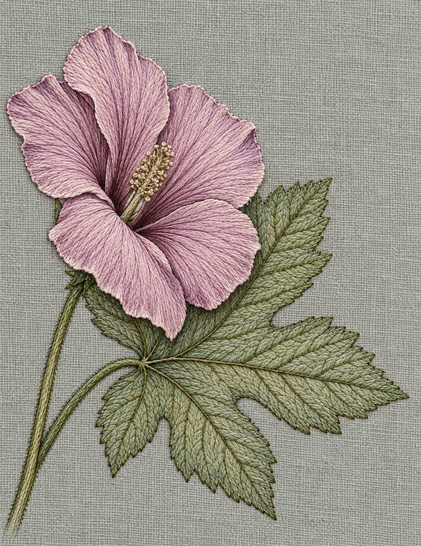 Mallow Flower and Leaf, Study 39: botanical textile interpretation showing surface direction and open space in The Meadow in Thread.