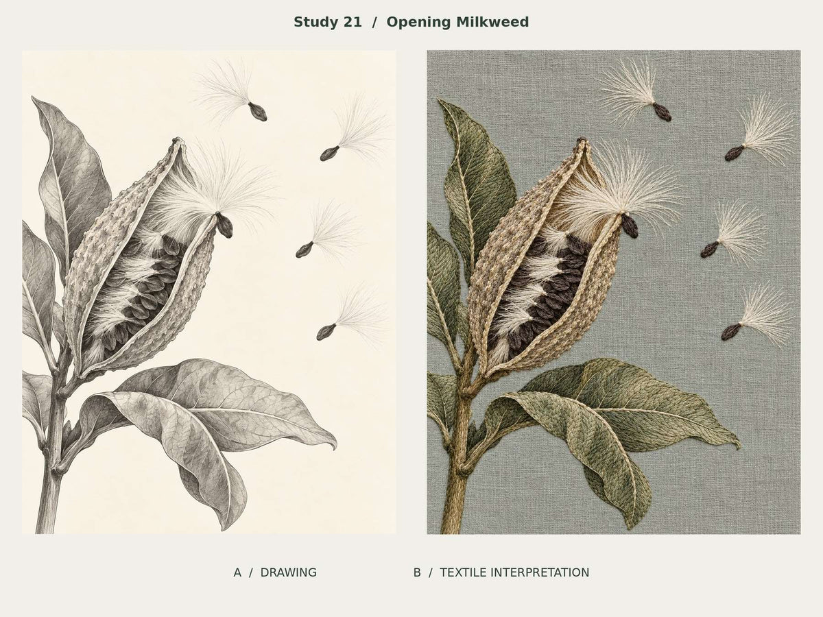 Opening Milkweed, Study 21: graphite-and-ink drawing beside the corresponding textile interpretation from The Meadow in Thread.