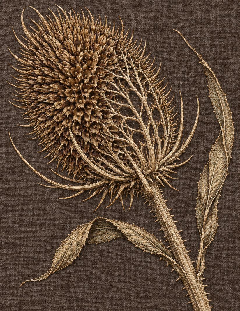 Partly Emptied Teasel, Study 61: botanical textile interpretation showing surface direction and open space in The Meadow in Thread.