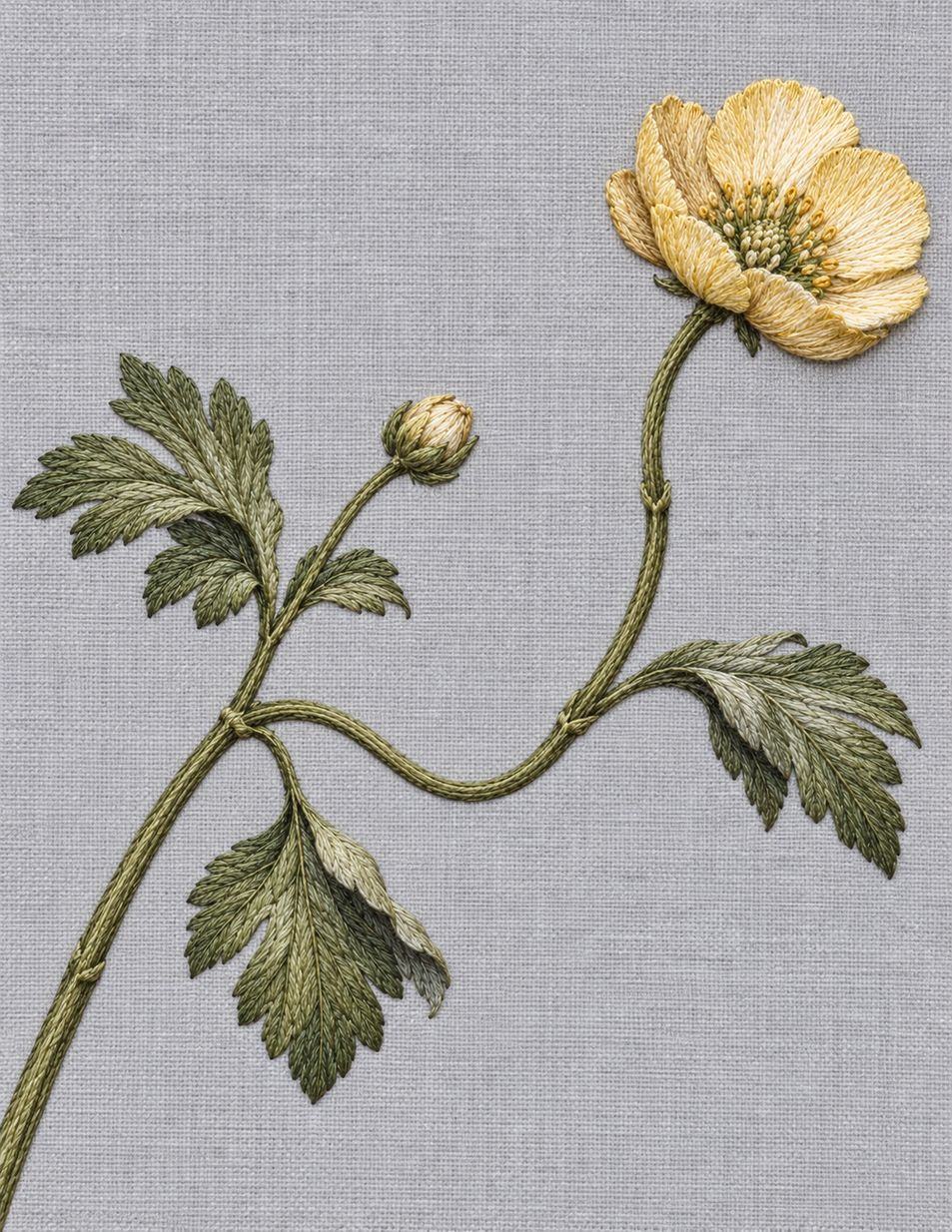 Rain Bent Buttercup, Study 07: botanical textile interpretation showing surface direction and open space in The Meadow in Thread.
