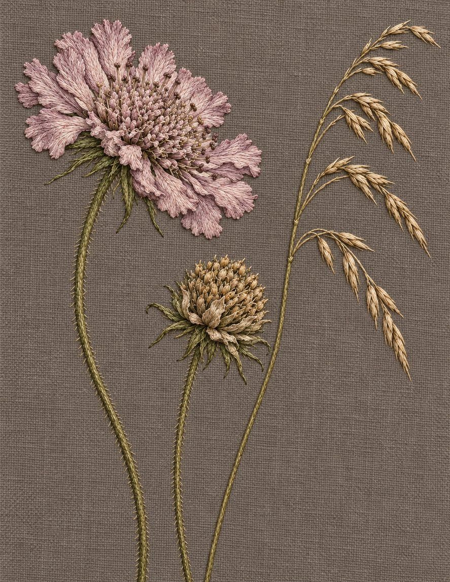 Scabious and the Late Season, Study 70: botanical textile interpretation showing surface direction and open space in The Meadow in Thread.