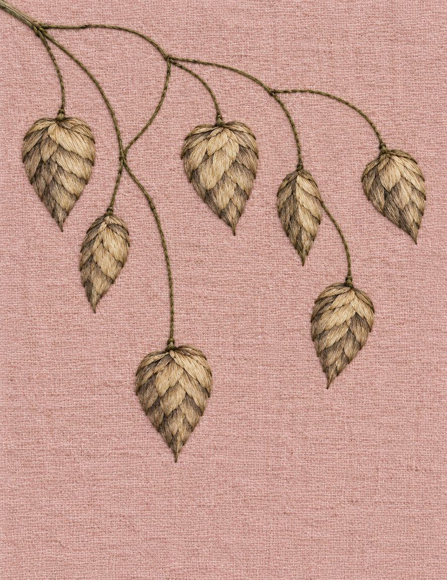 Seven Quaking Grass Pendants, Study 48: botanical textile interpretation showing surface direction and open space in The Meadow in Thread.